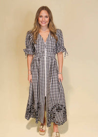 Entro - Gingham Puff Sleeve Midi Dress