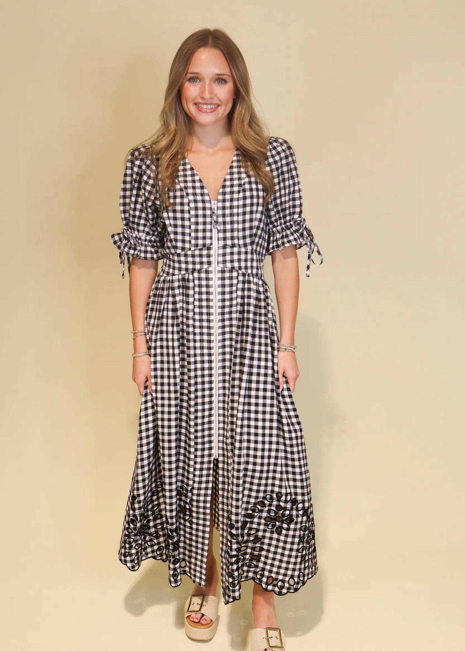 Entro - Gingham Puff Sleeve Midi Dress