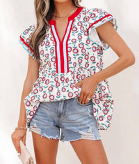 Aapparella - Floral Contrast Trim V Neck Ruffle Blouse