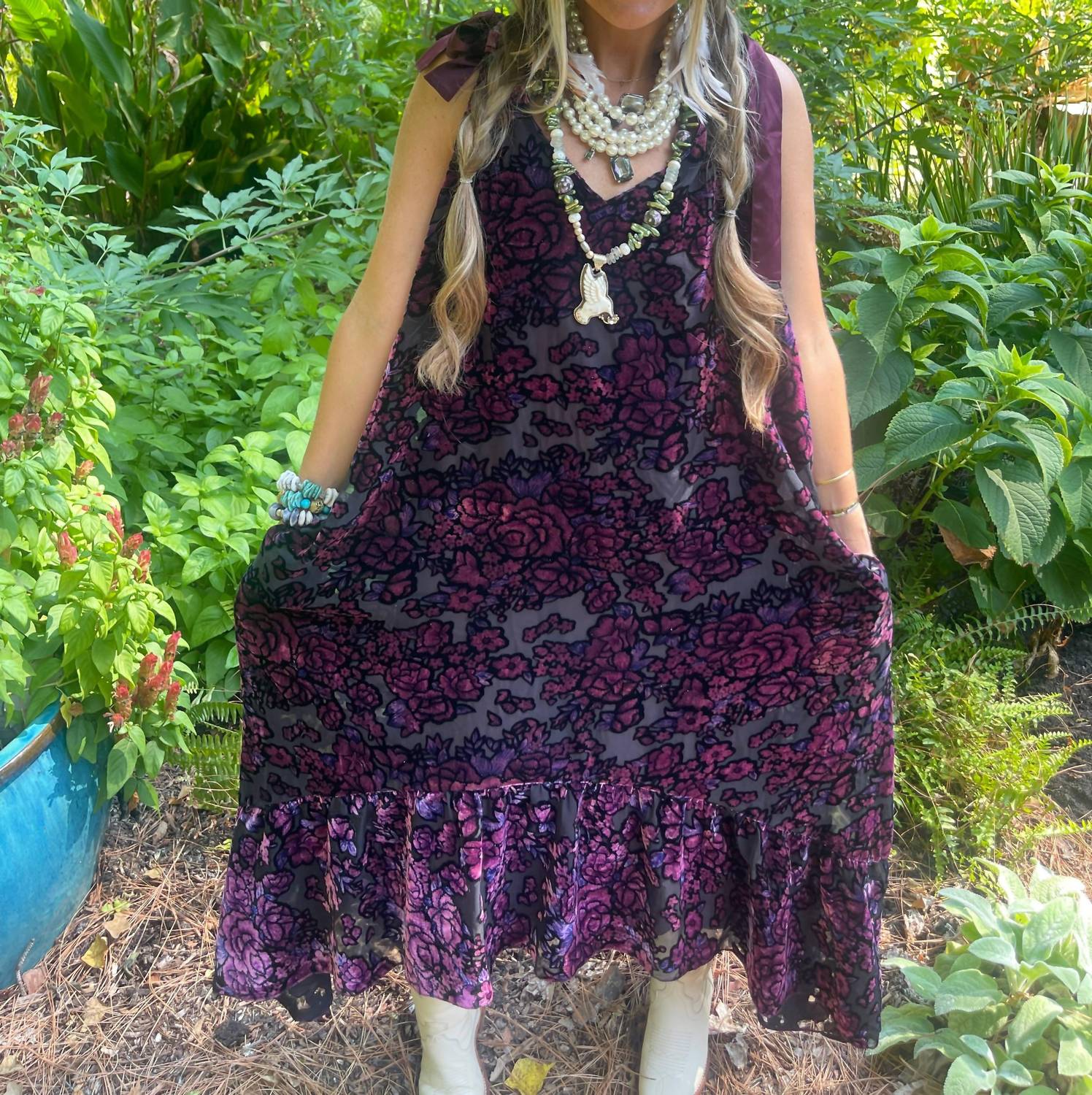 A Rare Bird Burnout Velvet High Low Maxi Dress in magenta - women's dress