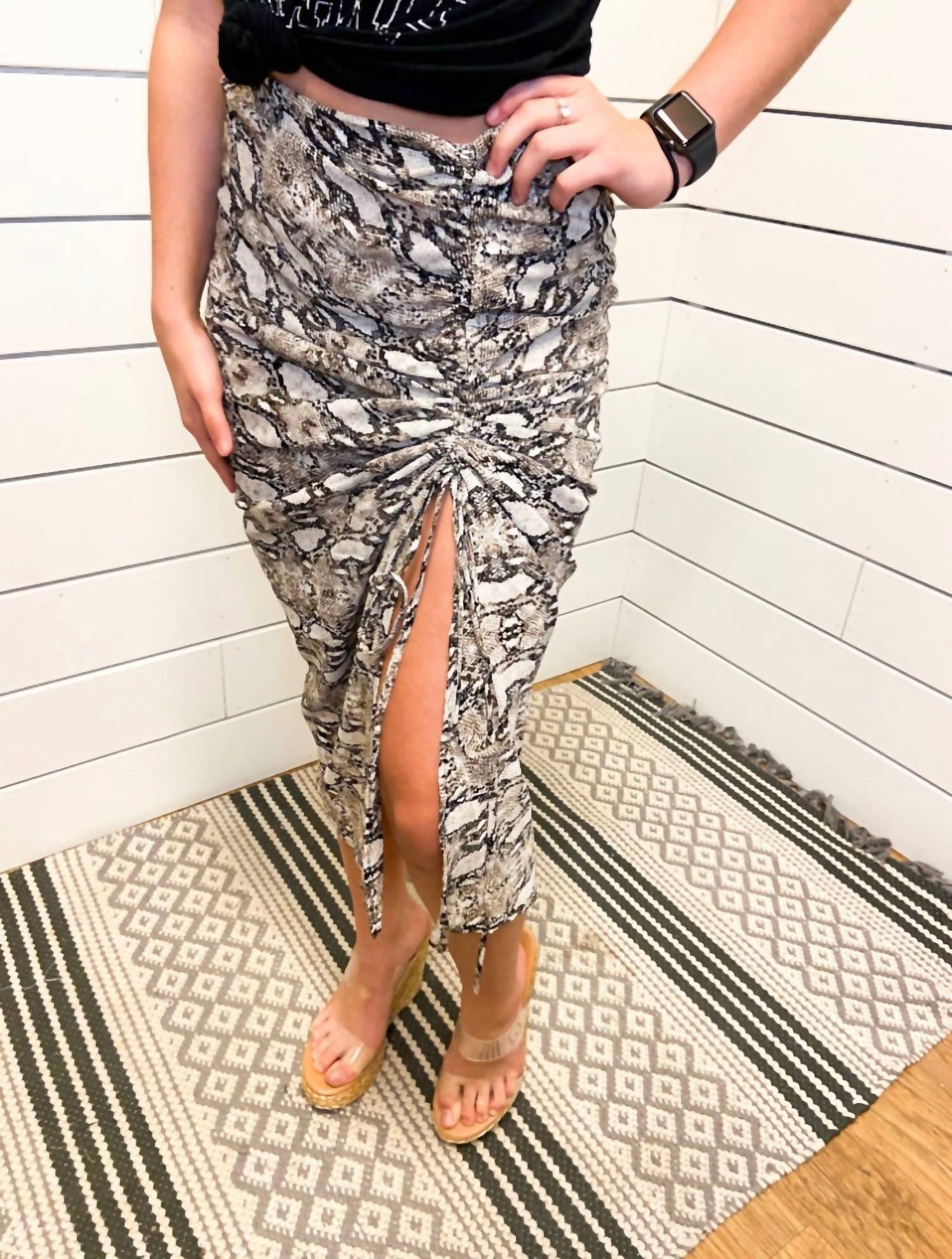 Blu Pepper Snake Print With Side Ruching Maxi Skirt in beige - women's skirt - detail view
