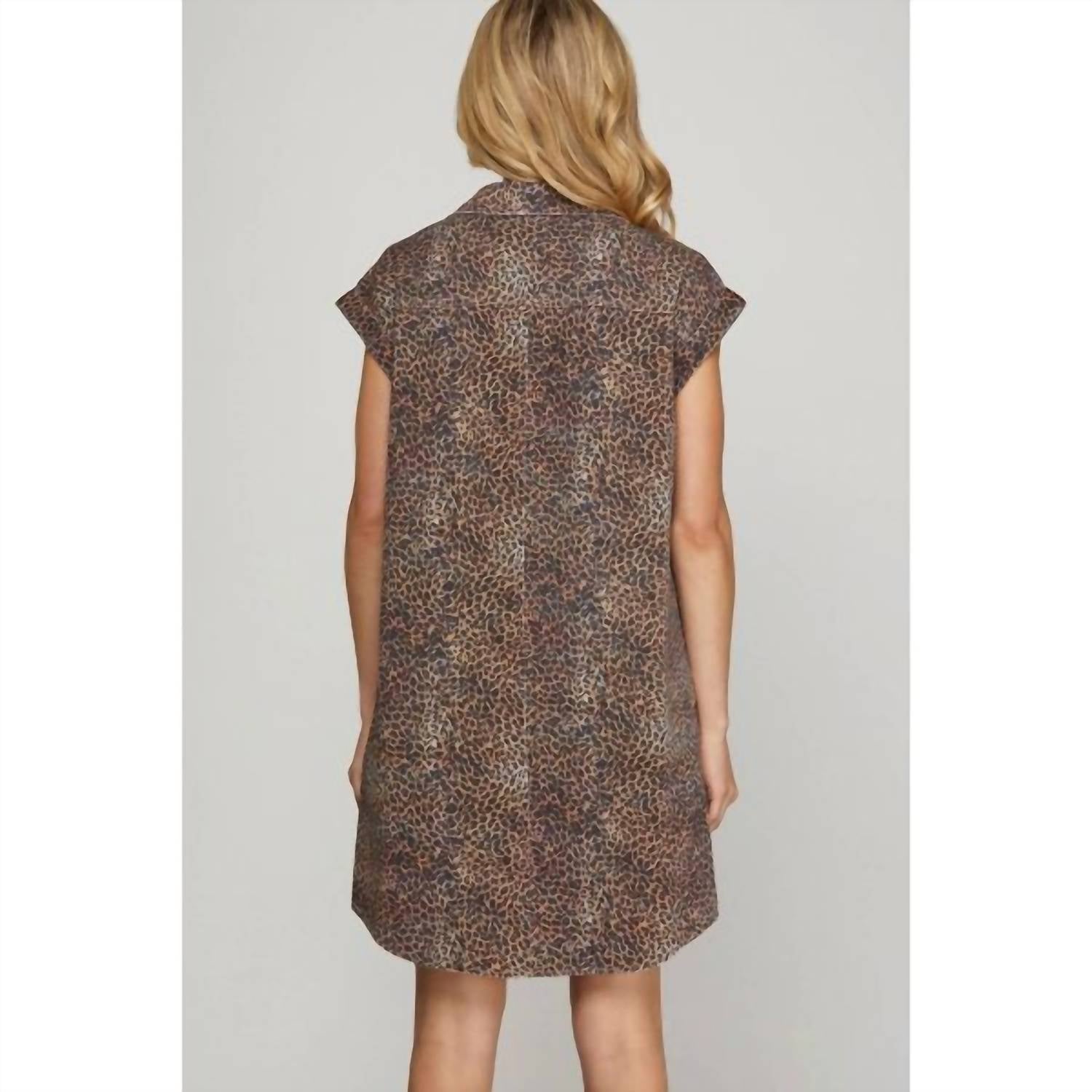She + Sky - Short Sleeve Leopard Twill Washed Shirt Dress With Pocket