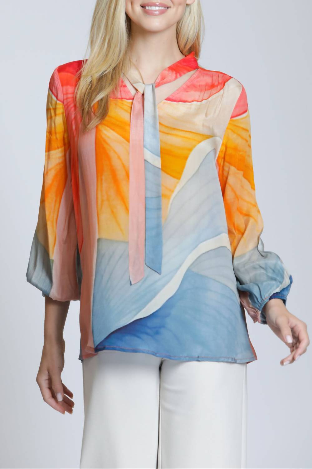 Apny - Long Sleeve Tie-neck Blouse
