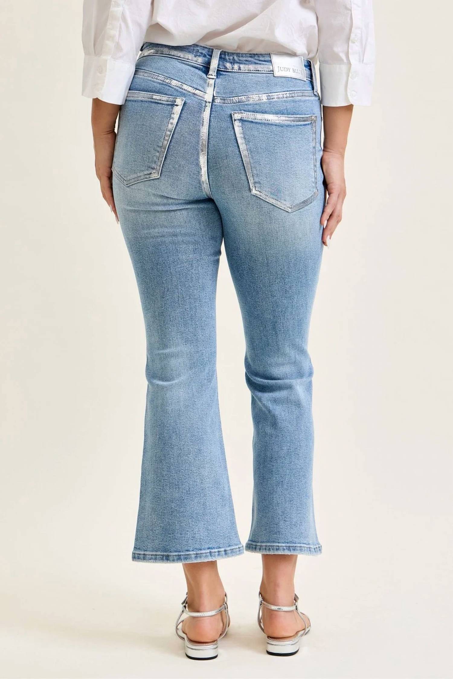 Boutique Simplified - Mid Rise Metallic Foiled Seam Kick Flare Denim Jeans