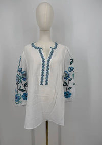 Multiples - Women's Embroidered Notch-neck Woven Top