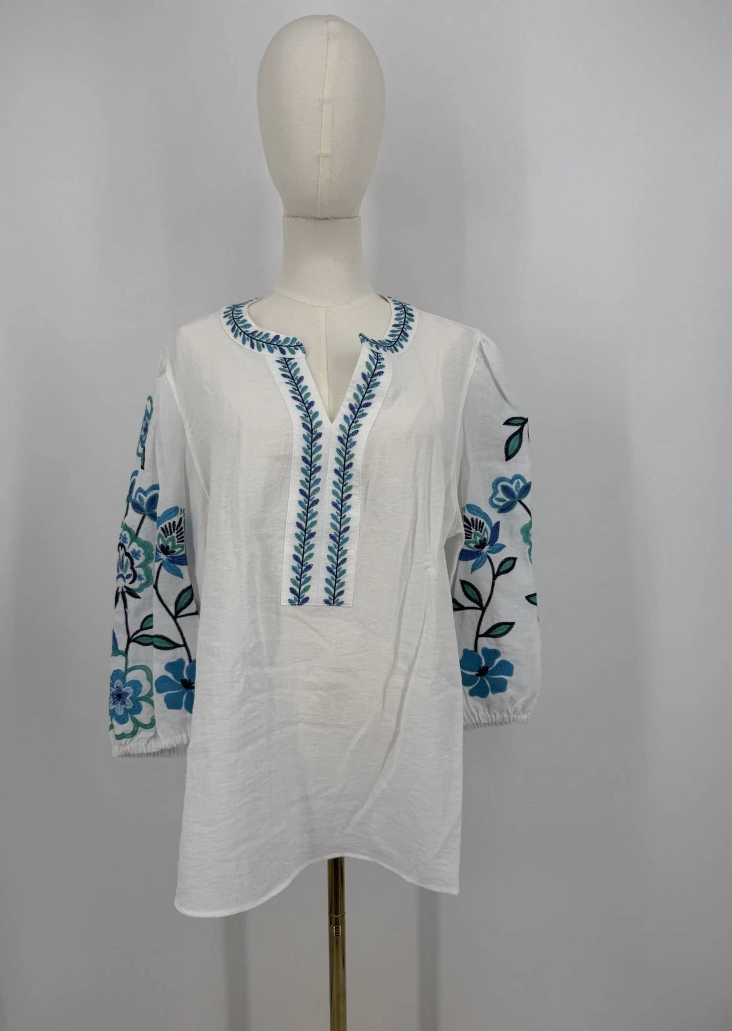 Multiples - Women's Embroidered Notch-neck Woven Top