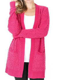 ZENANA Long Sleeve Popcorn Sweater Cardigan in hot pink - women's cardigan