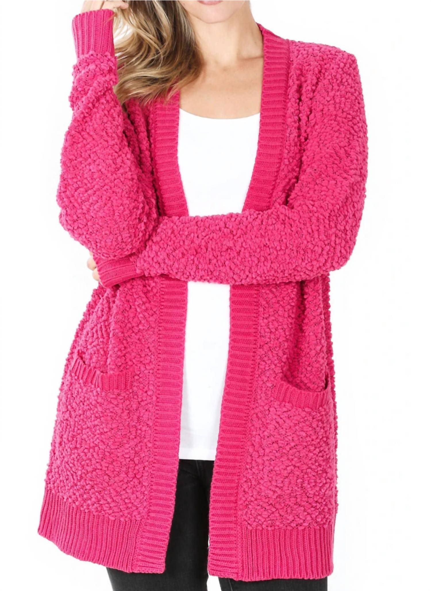 ZENANA Long Sleeve Popcorn Sweater Cardigan in hot pink - women's cardigan