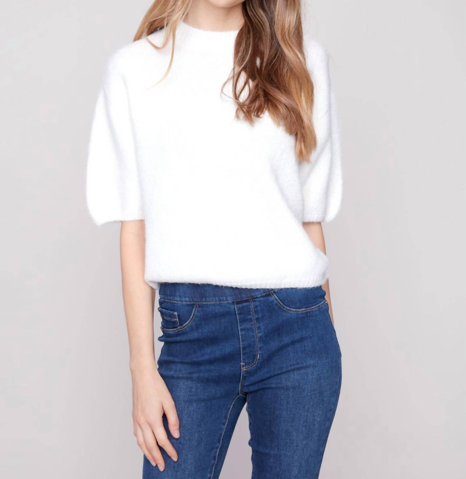 CHARLIE B Women's Elbow Sleeve Top in cream - women's long sleeve top