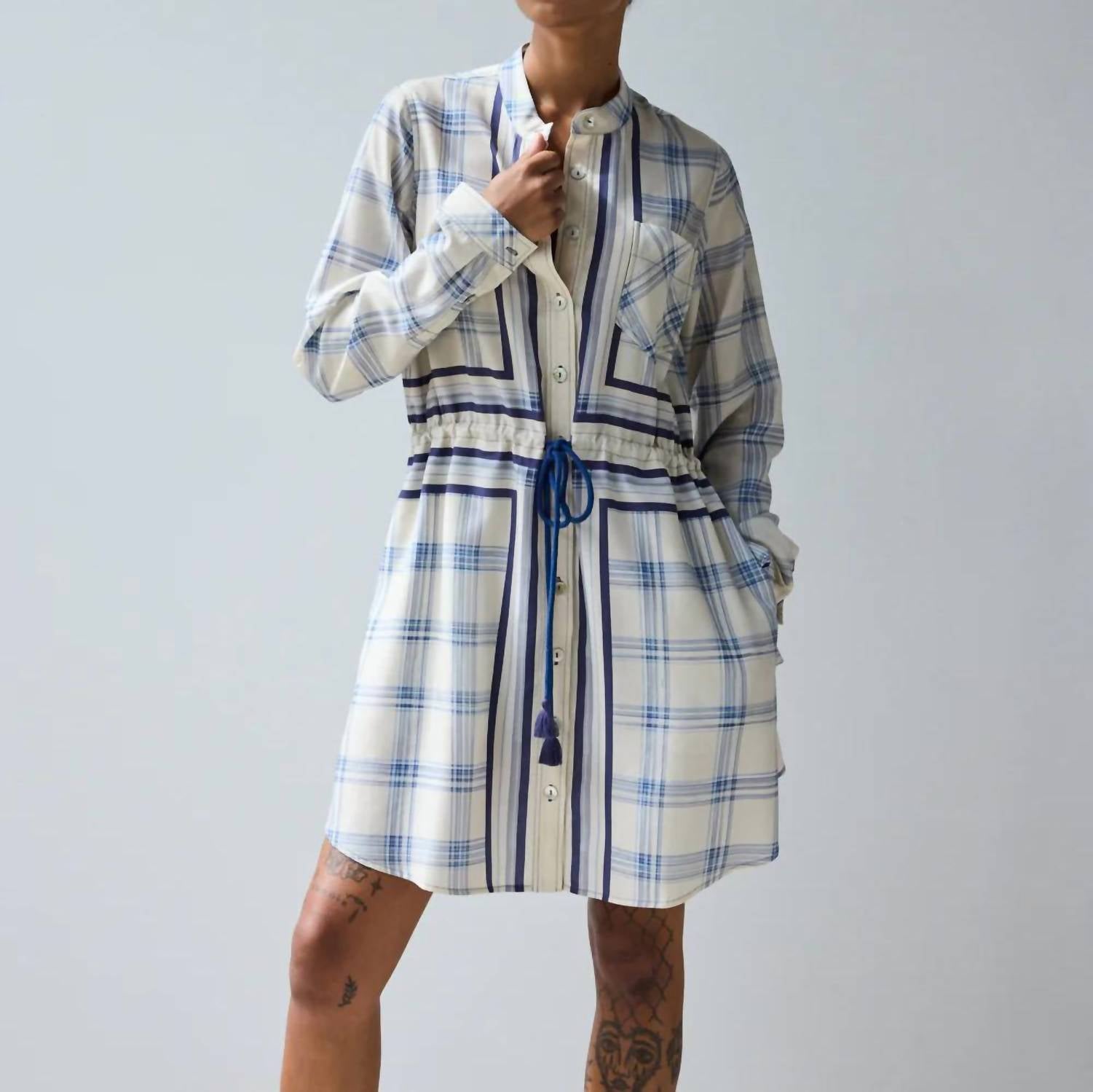 Hope for Flowers Band Collar Mini Shirtdress in warp dyed plaid - women's dress