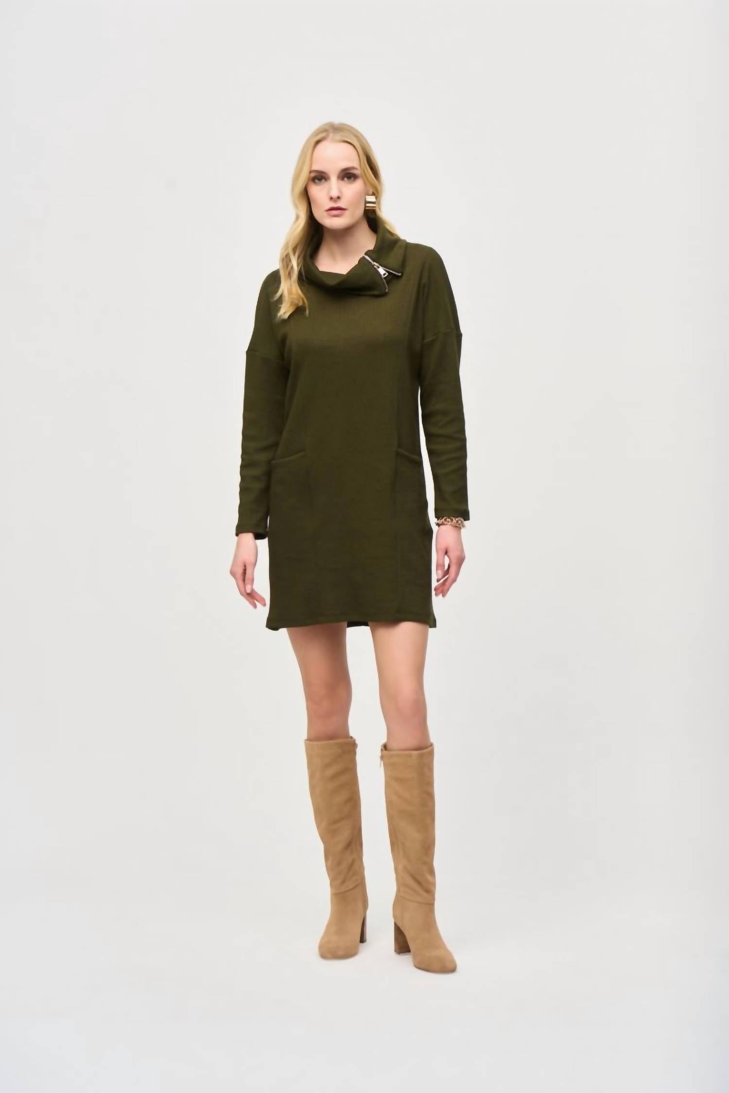 Joseph Ribkoff - Zipper Collar Long Sleeves Mini Cocoon Dress