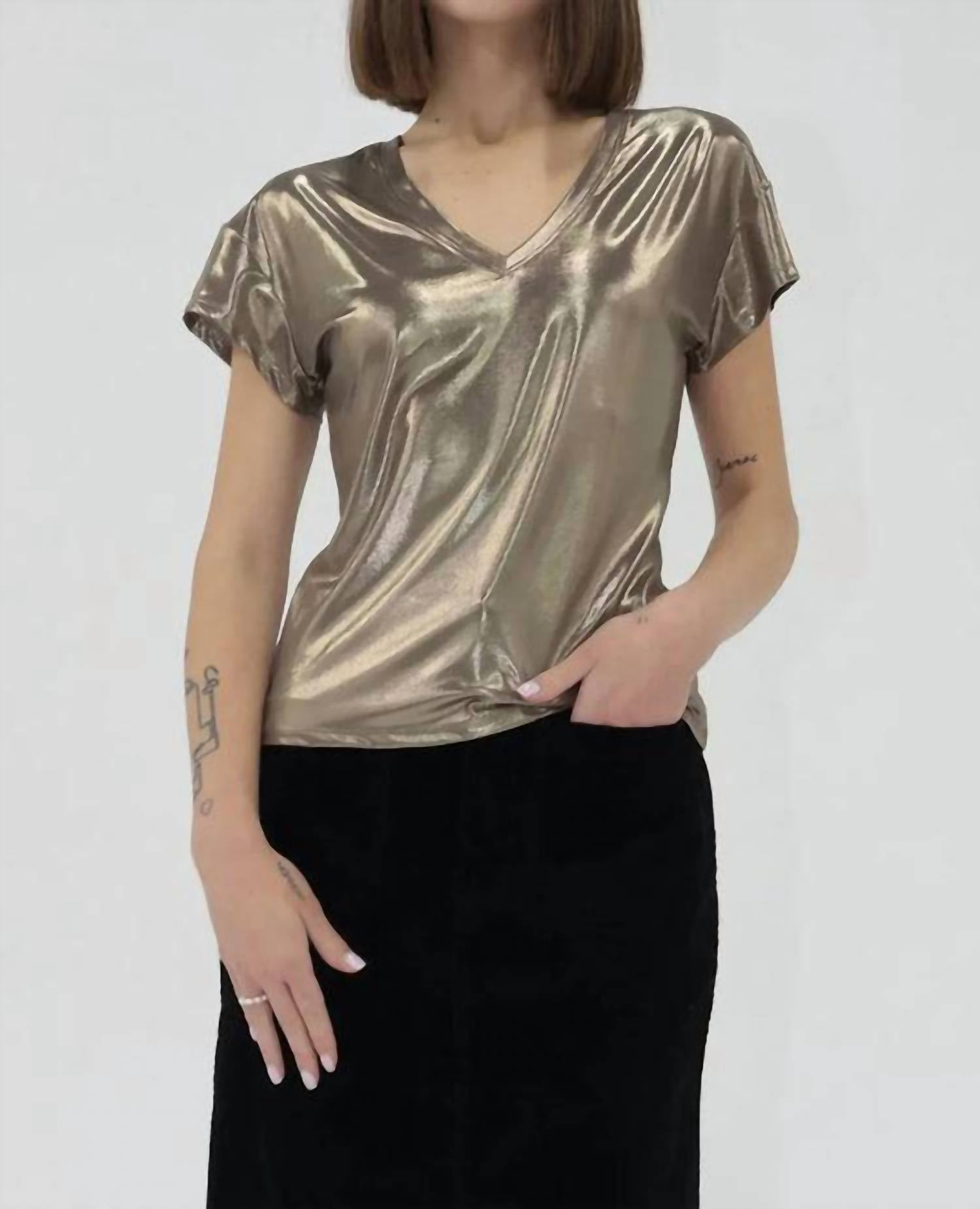 Another Love Lumi Knit Top in metallic gold - women's t-shirt