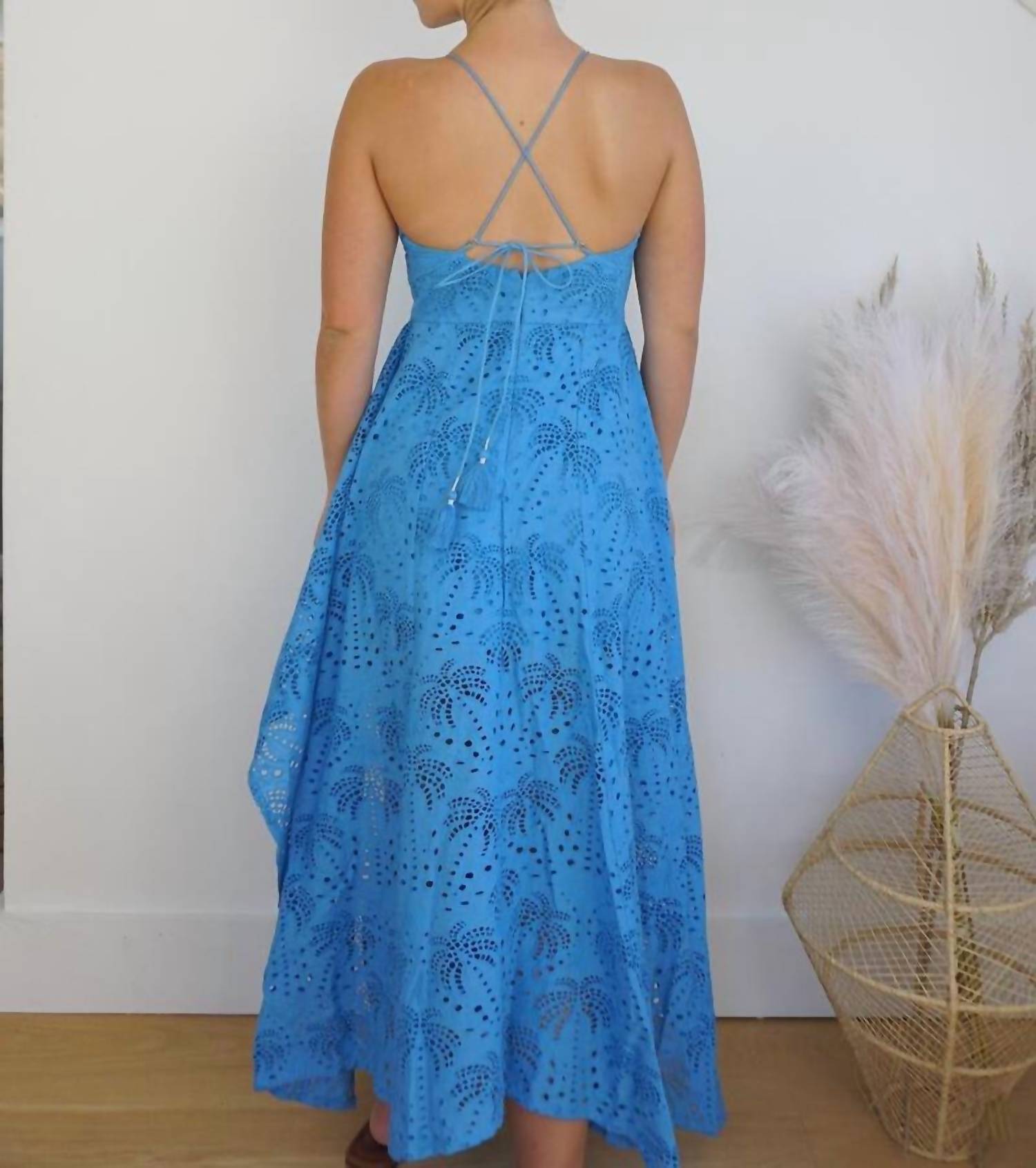 NIBI MTK Palm Eyelet Cross Back Dress in blue - women's dress - detail view