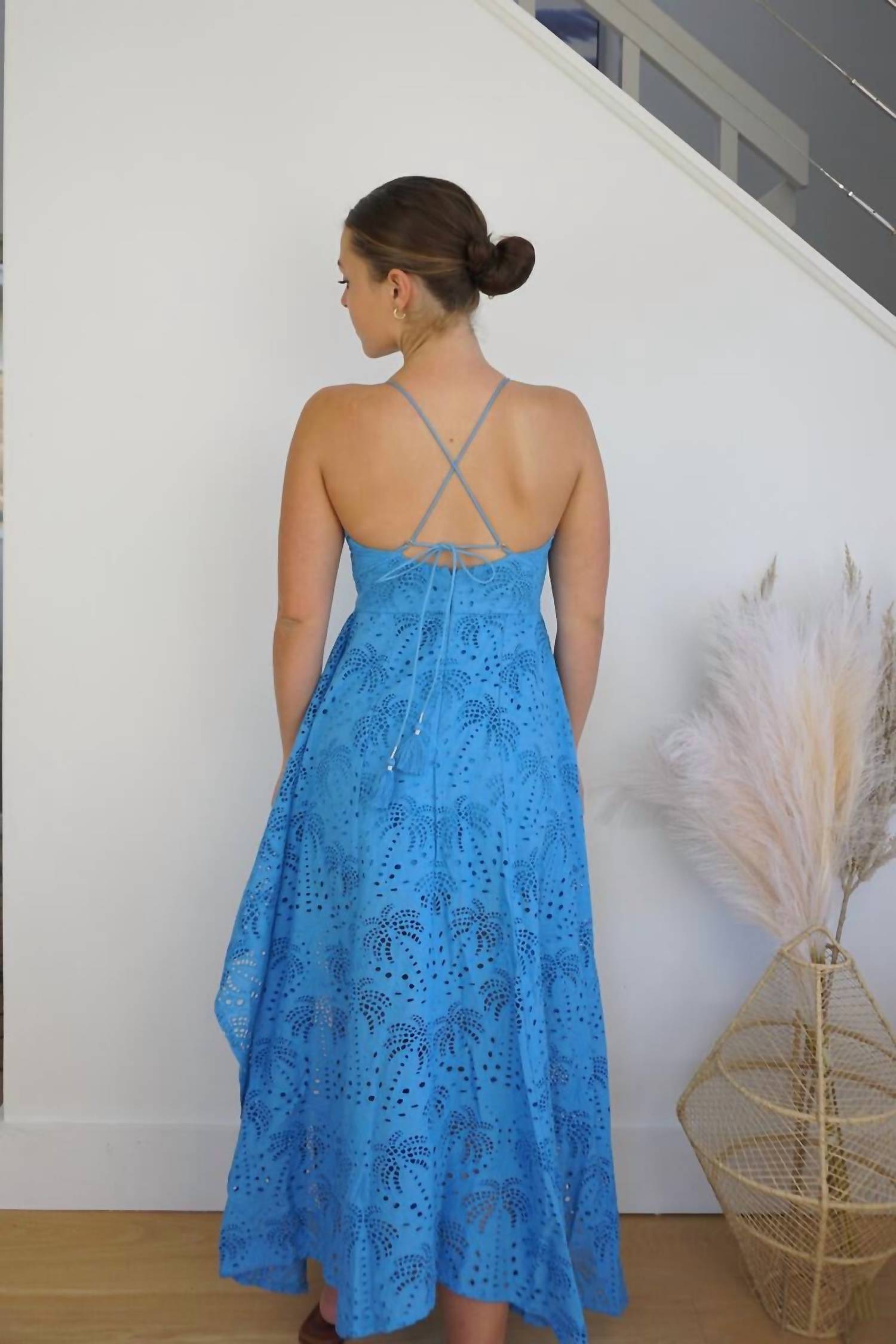 NIBI MTK Palm Eyelet Cross Back Dress in blue - women's dress - alternate view