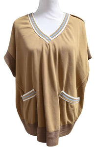 Easel - Women's Terry V-neck Contrast Trim Oversized Top