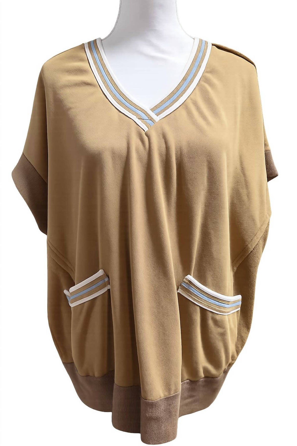 Easel - Women's Terry V-neck Contrast Trim Oversized Top