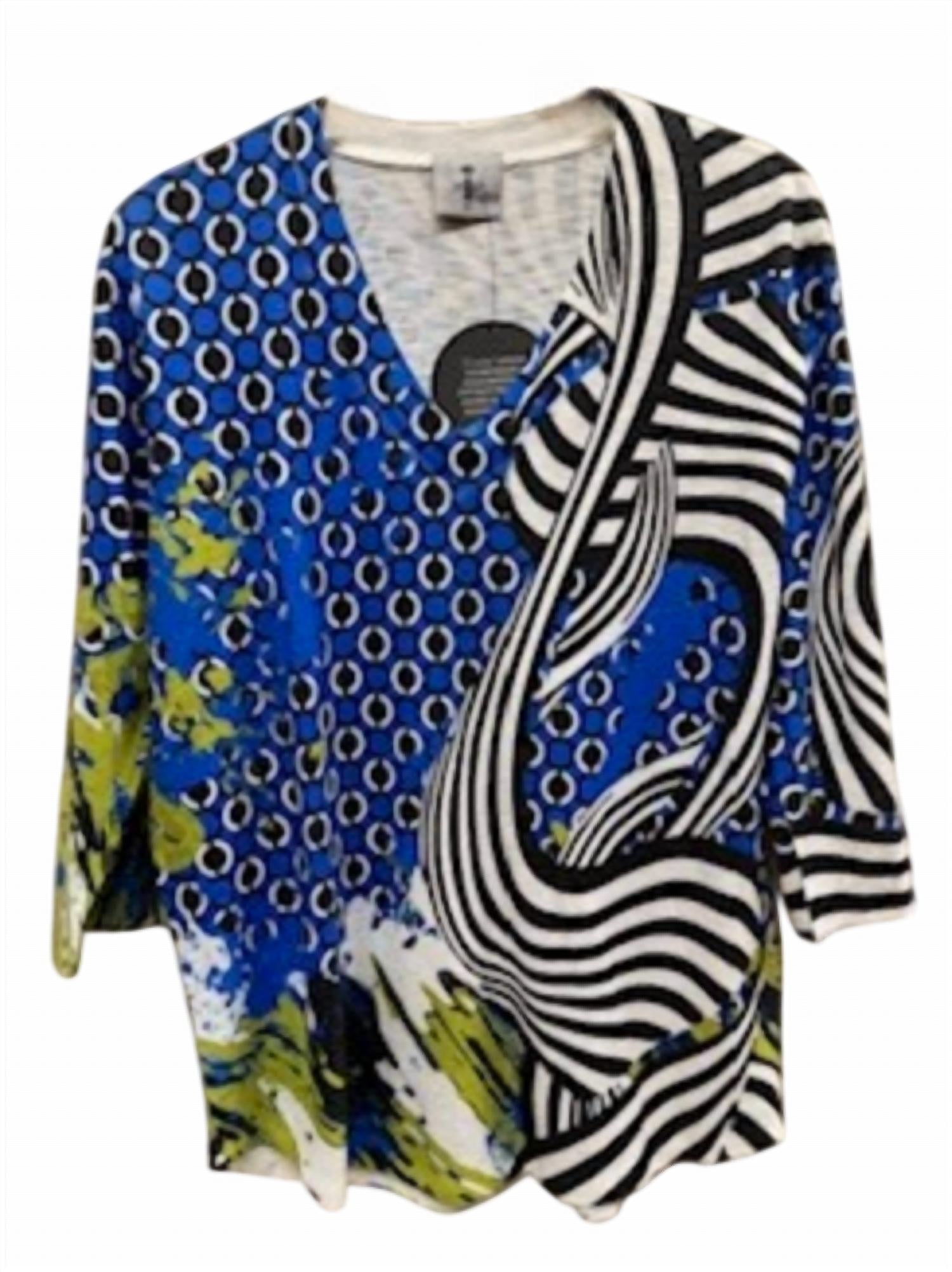 Inoah 3/4 Sleeve V-Neck Printed Top in royal black white - women's blouse - alternate view