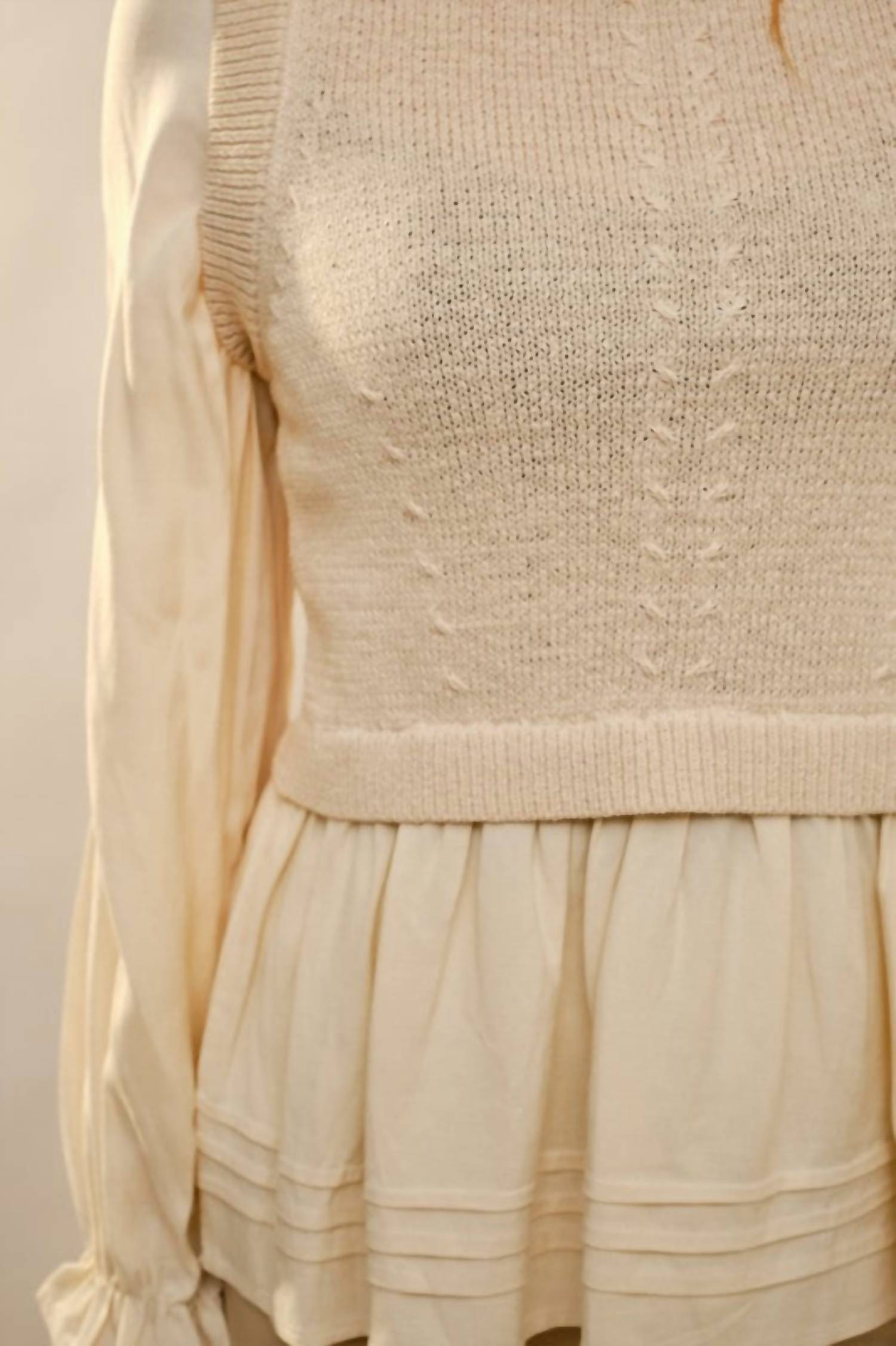 Blue B Long Ruffle Sleeve Knit Vest Peplum Top in beige - women's blouse - detail view