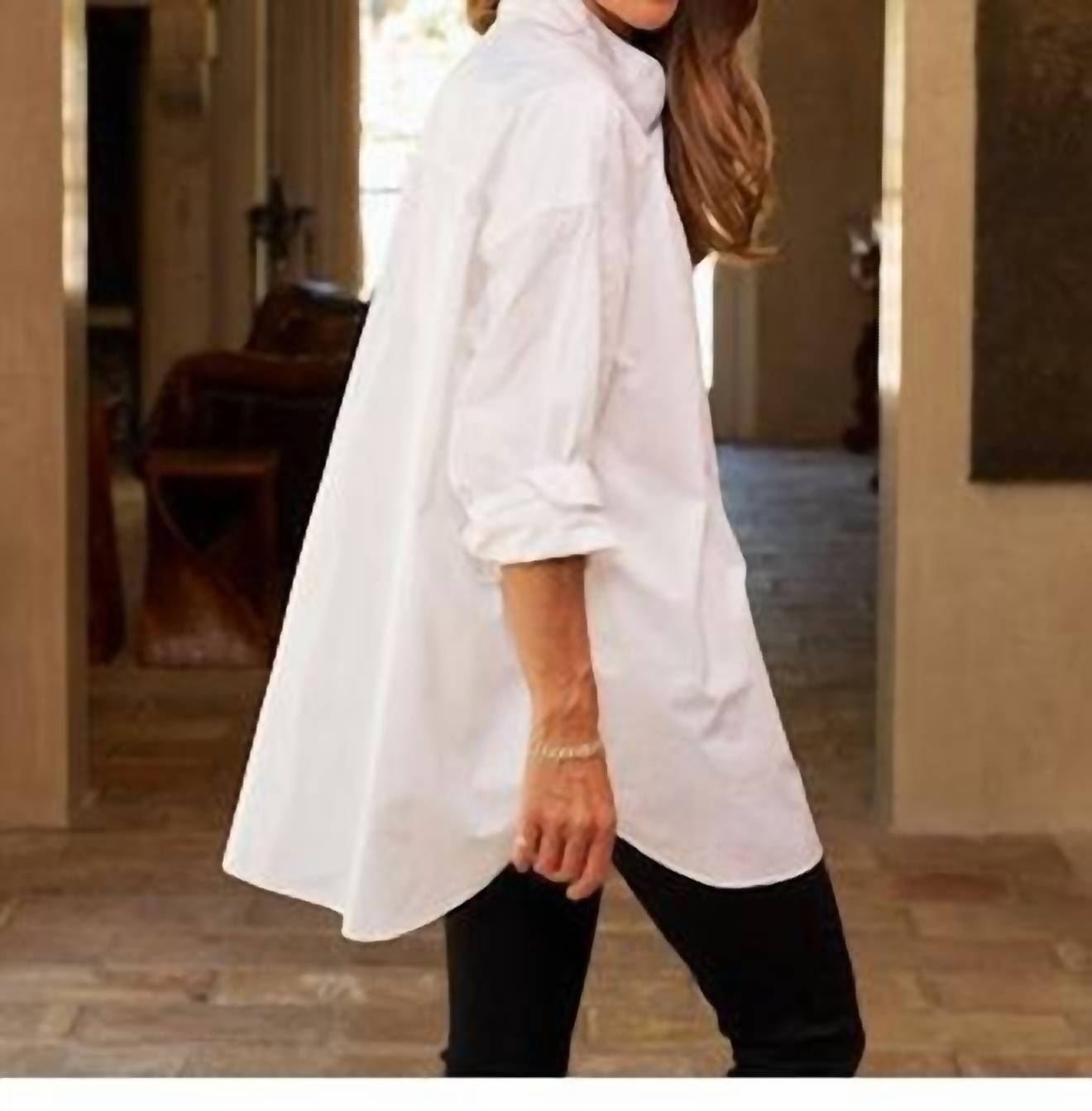 Frank & Eileen Women's Collarless Button Down Shirt in white with white bib 1 - women's shirt