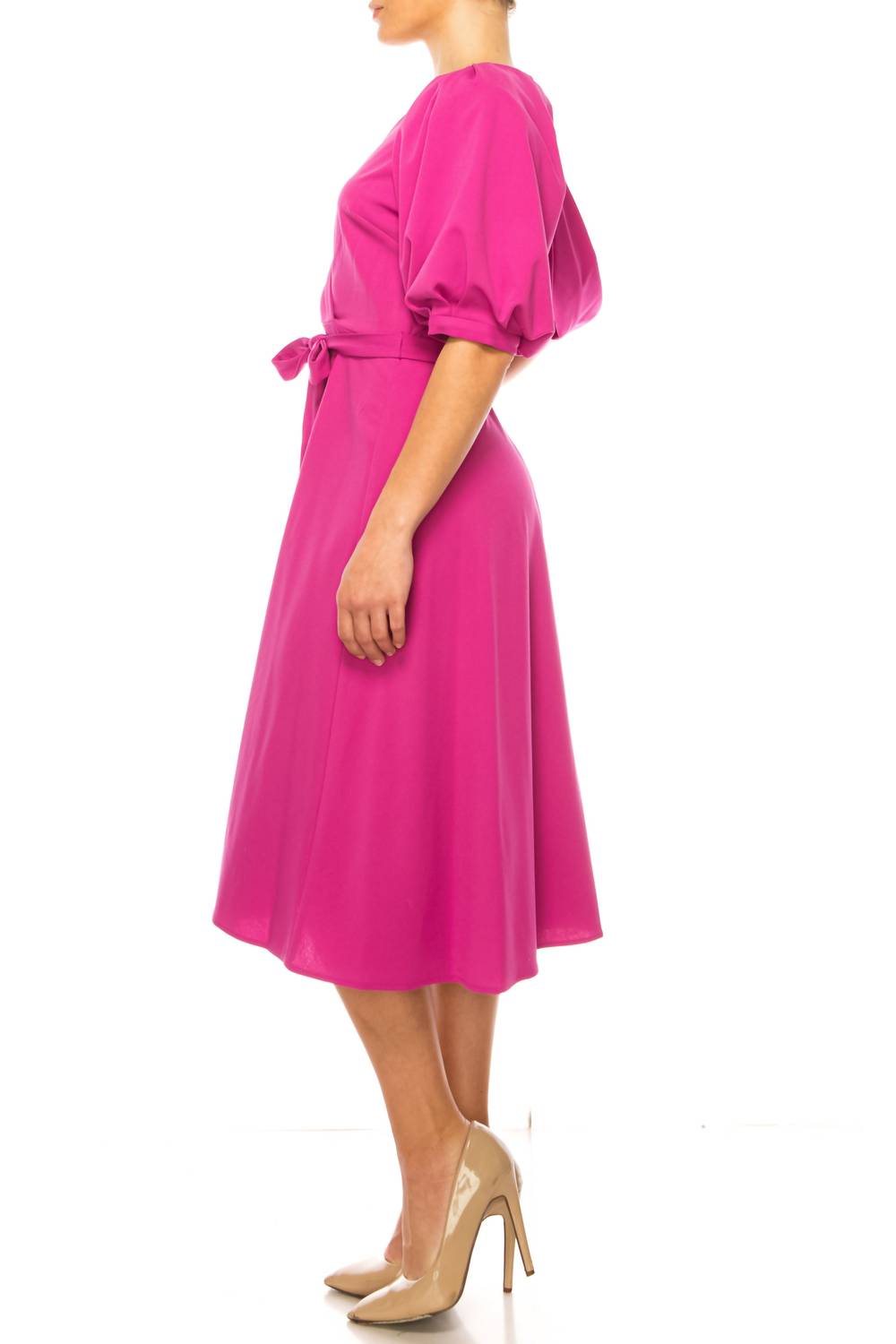 Maison Tara - Belted Puff Sleeve A Line Dress