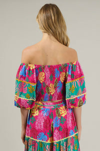 SUGARLIPS Marina Tropical Smocked Crop Top in fuchsia - women's shirt - detail view