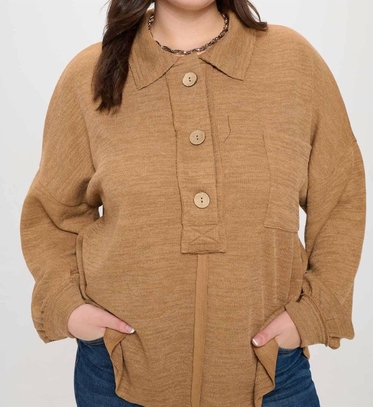 Blu Pepper - Evelyn Collared Raw Edge Knit Top - Plus