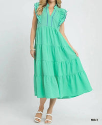 Umgee - Seersucker Ruffle Sleeve Tiered Midi Dress