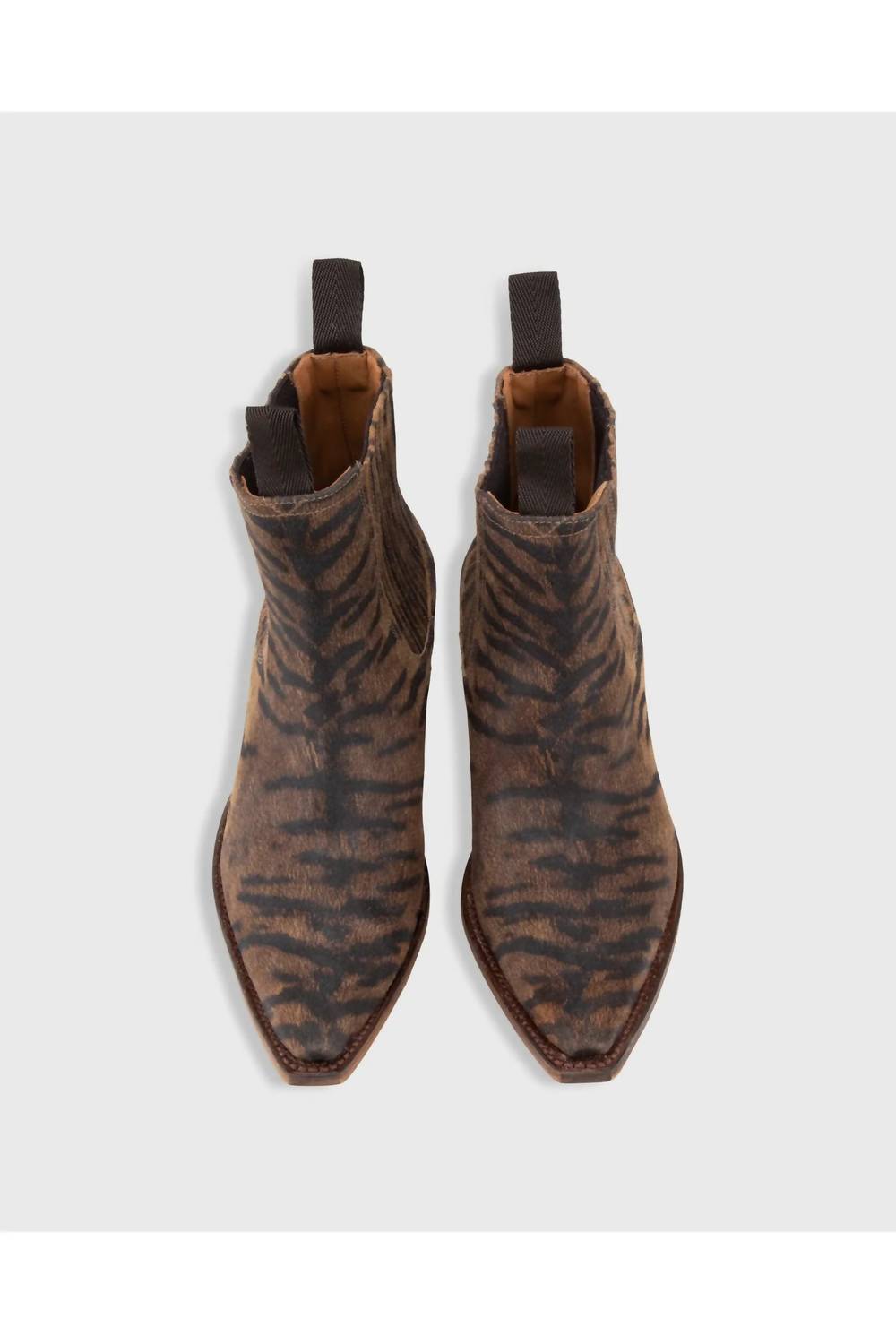 Ann Mashburn Women's Short Cowboy Boot in brown tiger leather - women's shoe - detail view