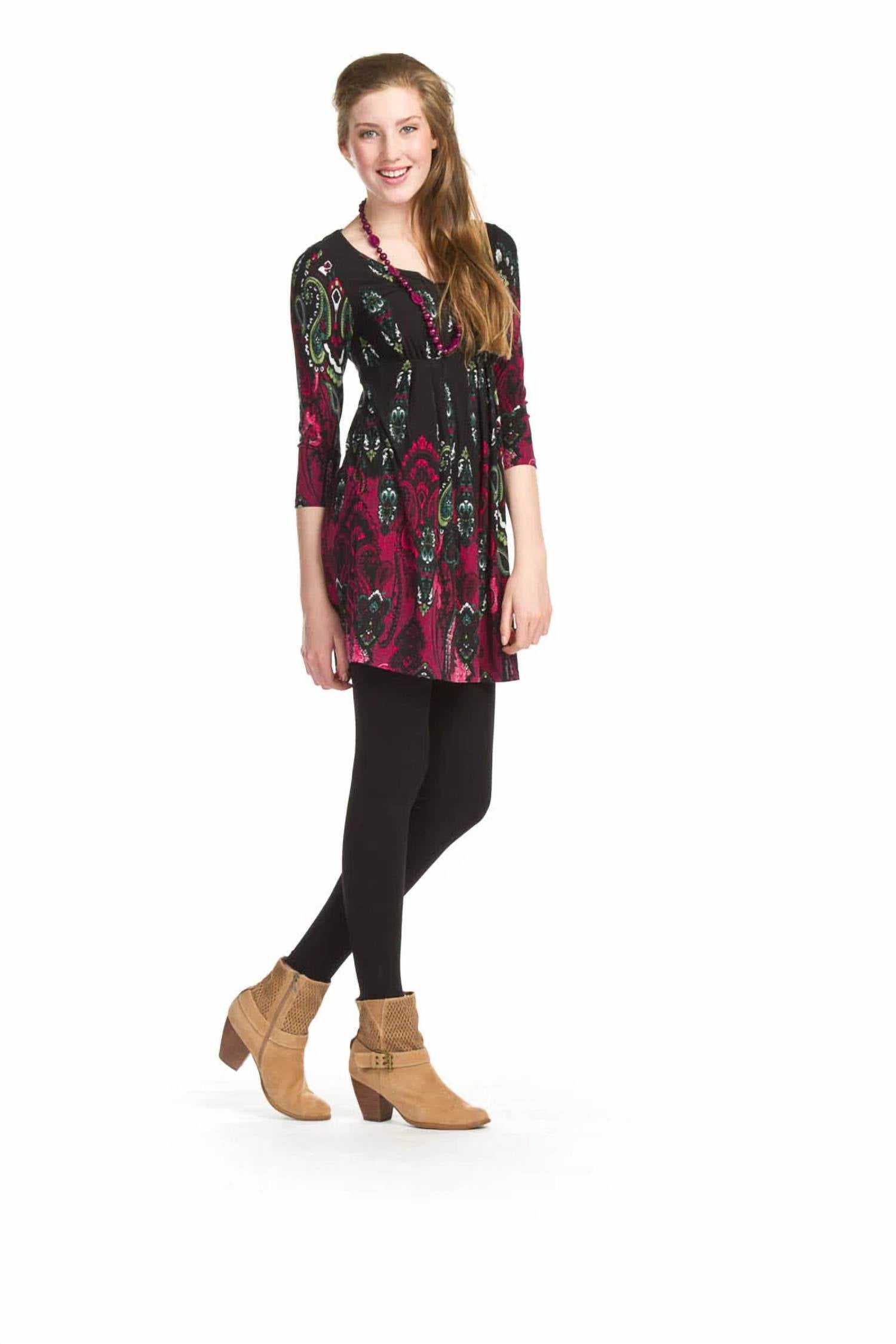 Papillon - Paisley Border Print 3/4 Sleeve Pleated Waist Dress