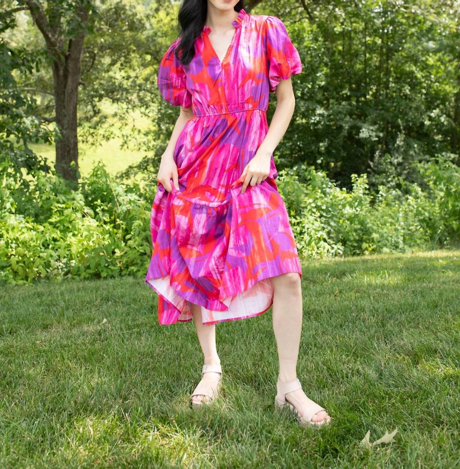 Peach Love Bright Floral Delight Tiered Dress in pink purple - women's dress