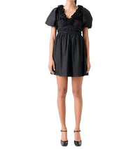 English Factory - Flower Neckline Puff Sleeve Mini Dress