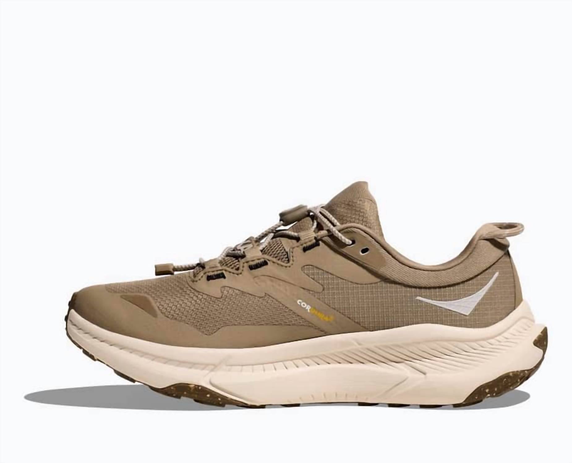 Hoka Women's Transport Gore-tex Trail Running Shoes in dune - women's shoe - detail view