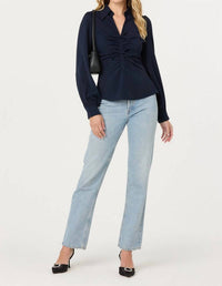 ASTR Simran Collared V-neck Ruched Top in navy - women's blouse