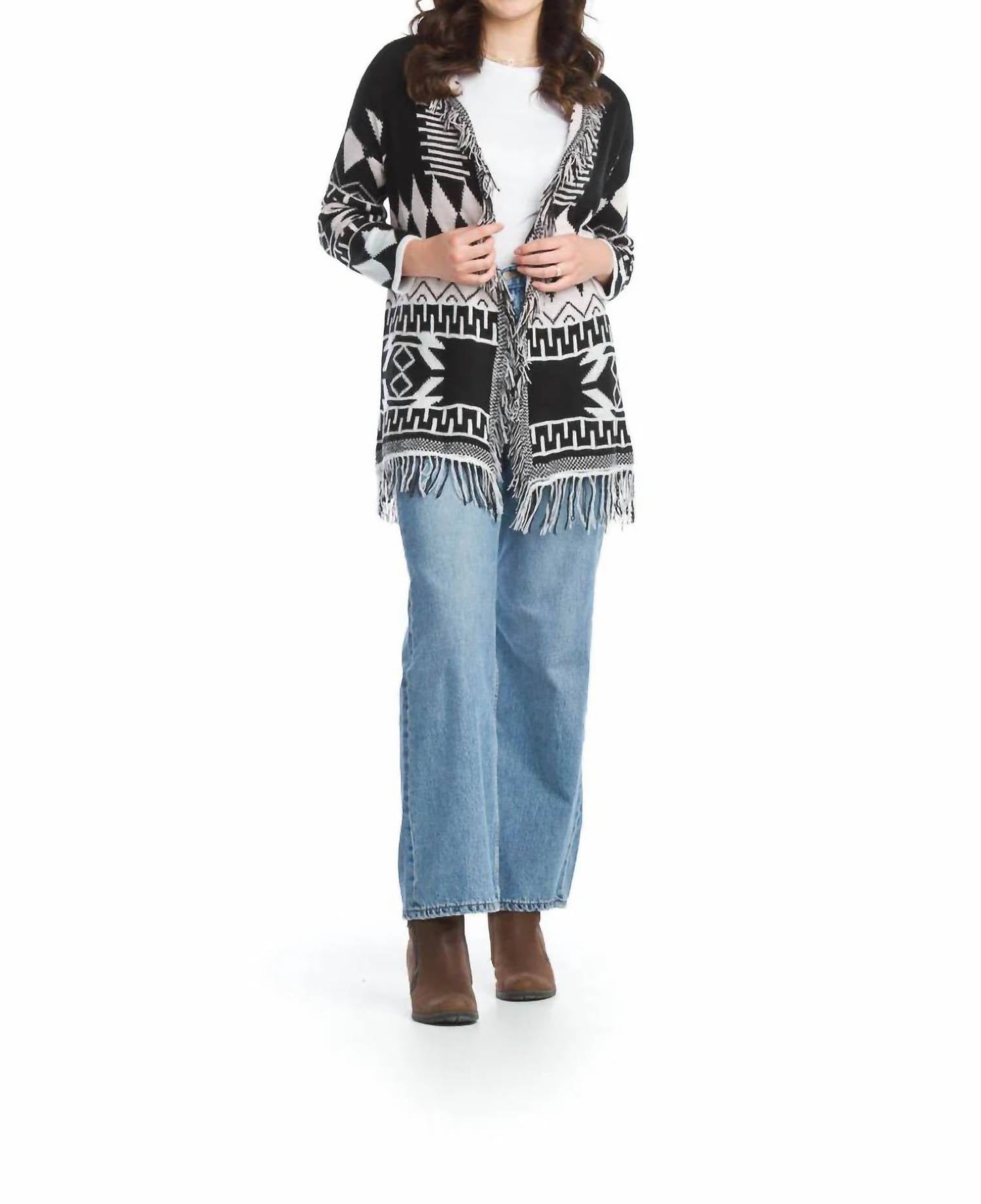Papillon - Soft Geometric Knit Cardigan With Fringe Details
