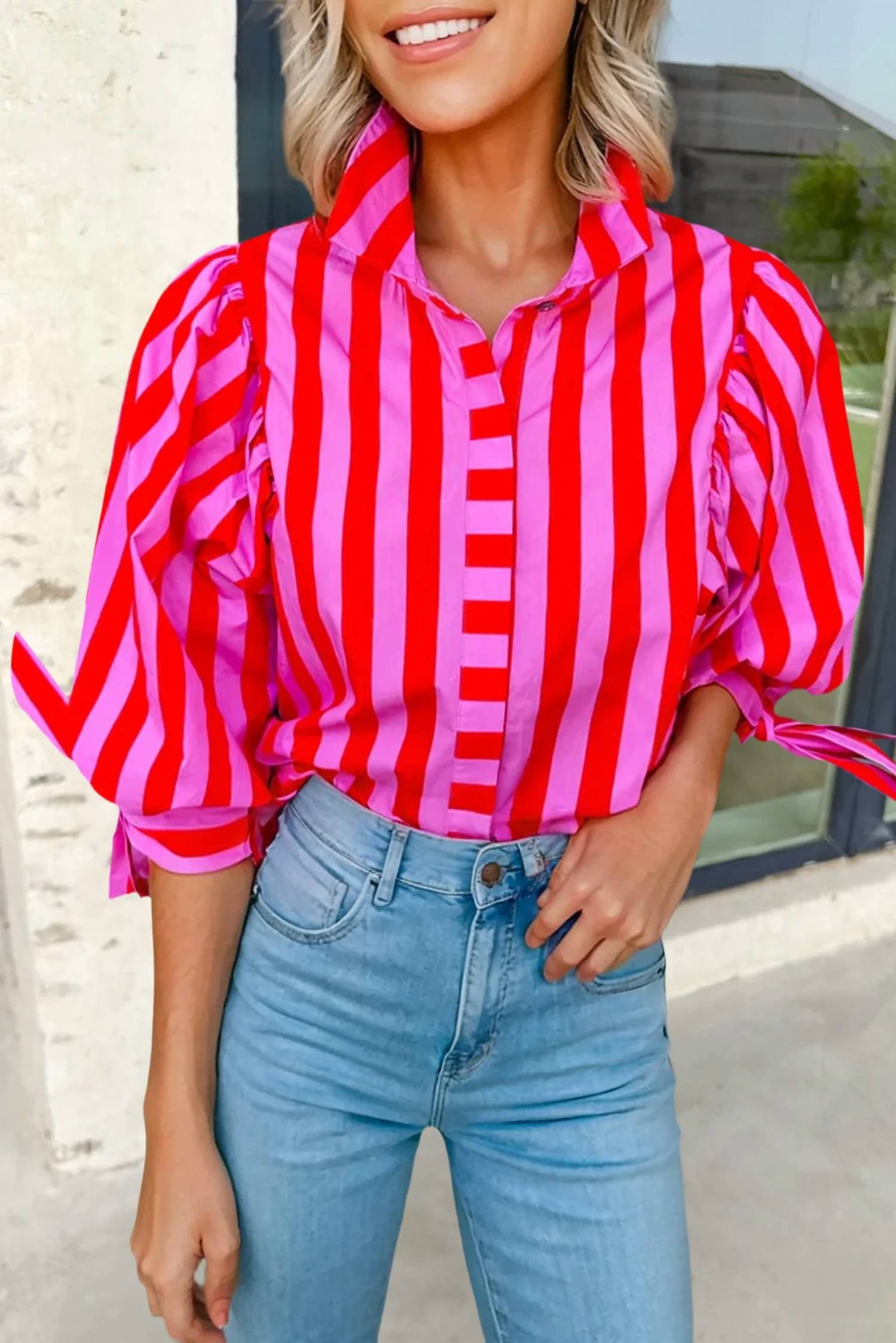 Aapparella - Women's Tie Sleeve Button Down Shirt