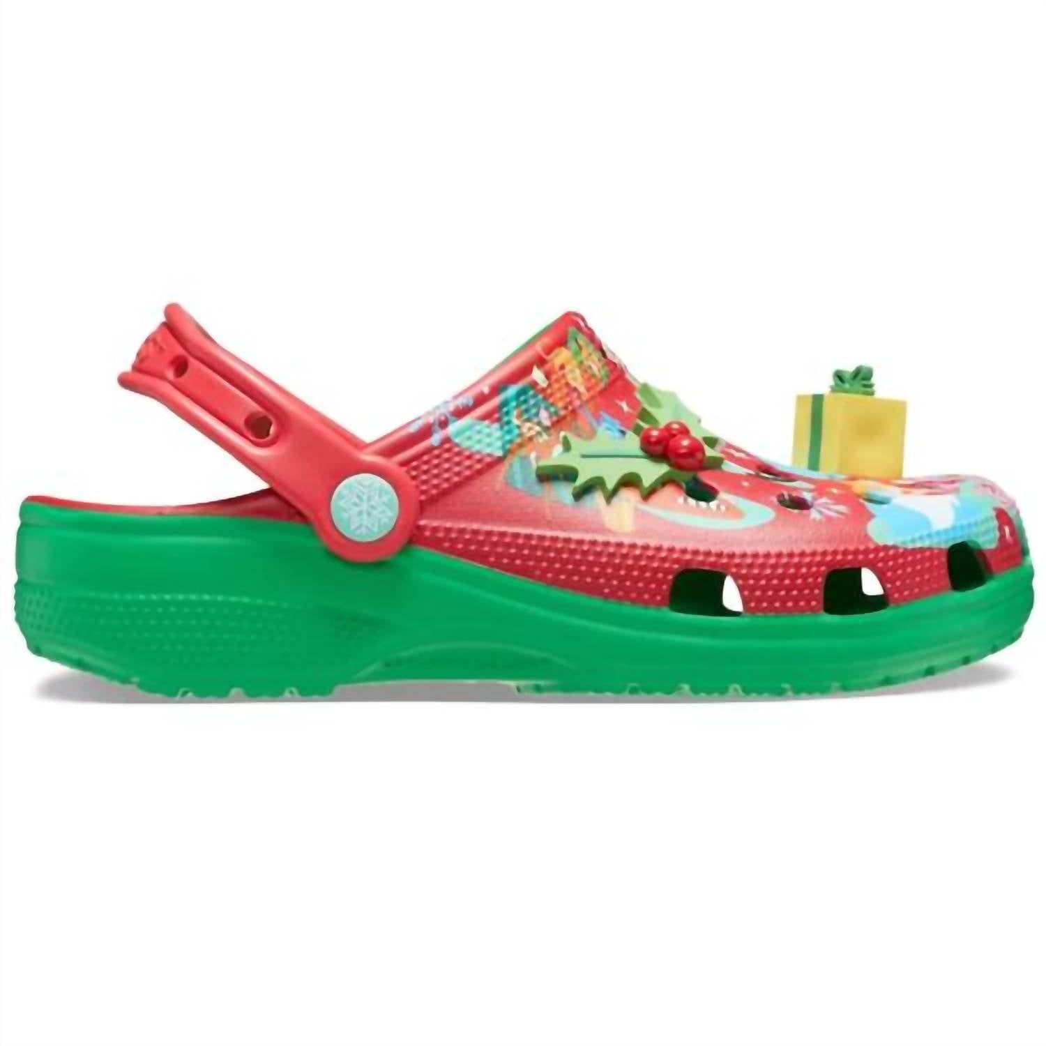 Crocs Women's Mickey Mouse And Friends Holiday Clogs in green red - women's shoe - detail view