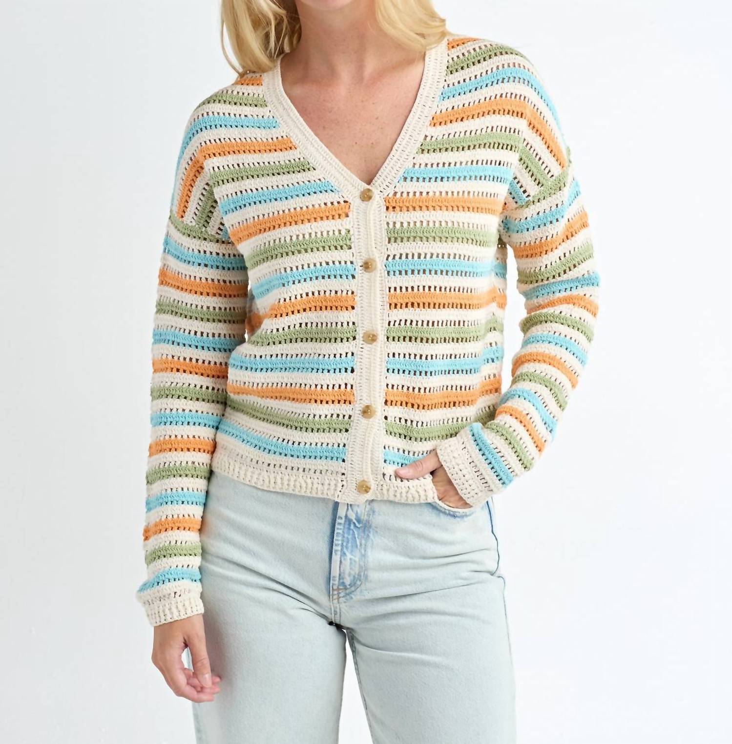 red haute Crochet Stripe Cardigan in multi - women's cardigan - alternate view
