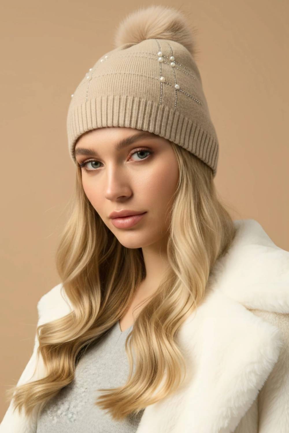 Joseph Ribkoff Beaded Pom-pom Beanie in taupe melange - women's hat - alternate view