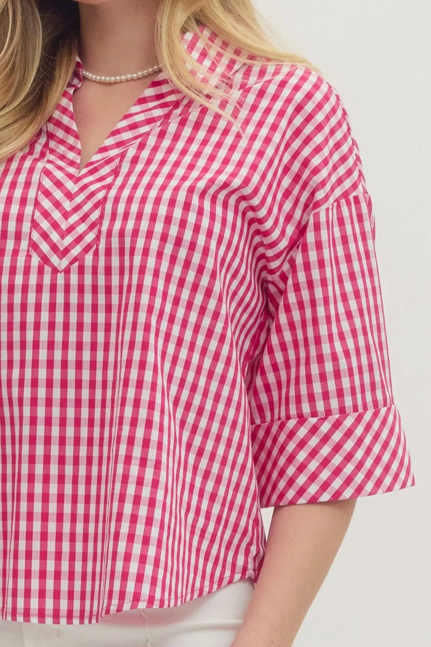 Entrousa - Women's Gingham 3/4 Sleeve Top