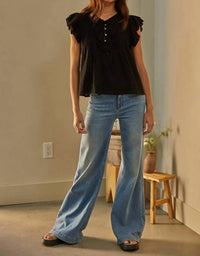 By Together - Woven Cotton Linen Button V-Neck Short Sleeve Top