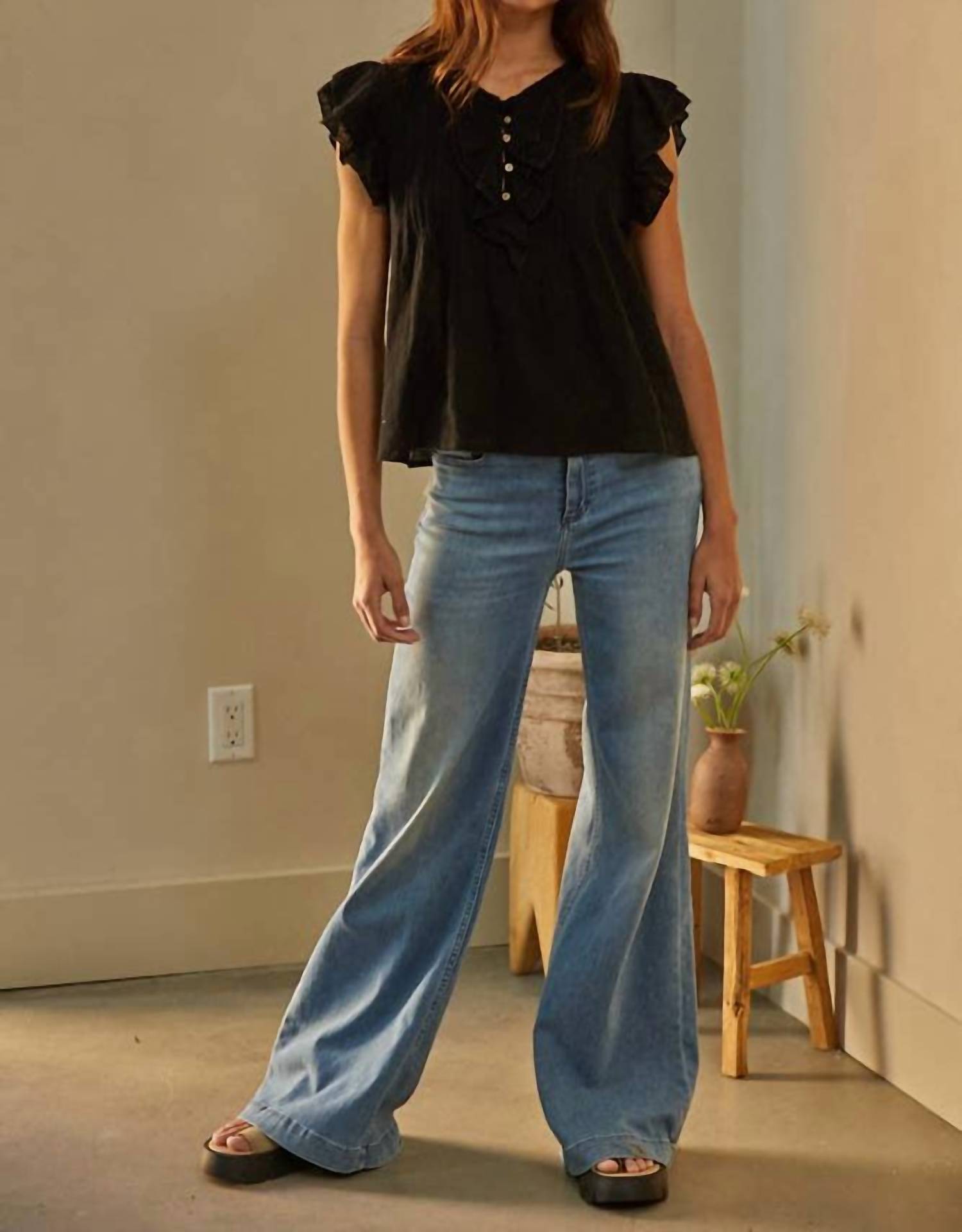 By Together - Woven Cotton Linen Button V-Neck Short Sleeve Top