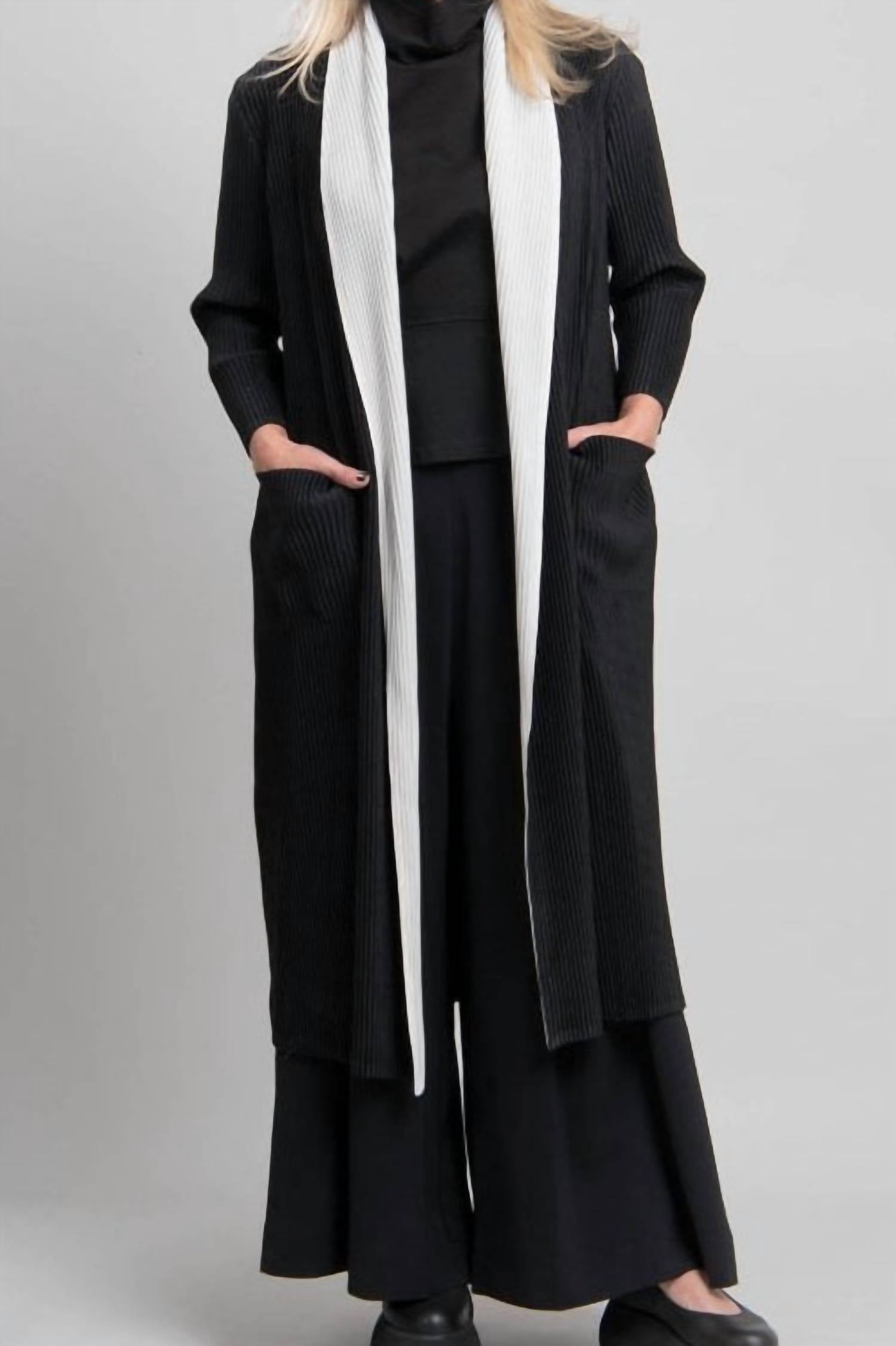 Alquema Plisse Open Front Long Coat in black and white - women's jacket