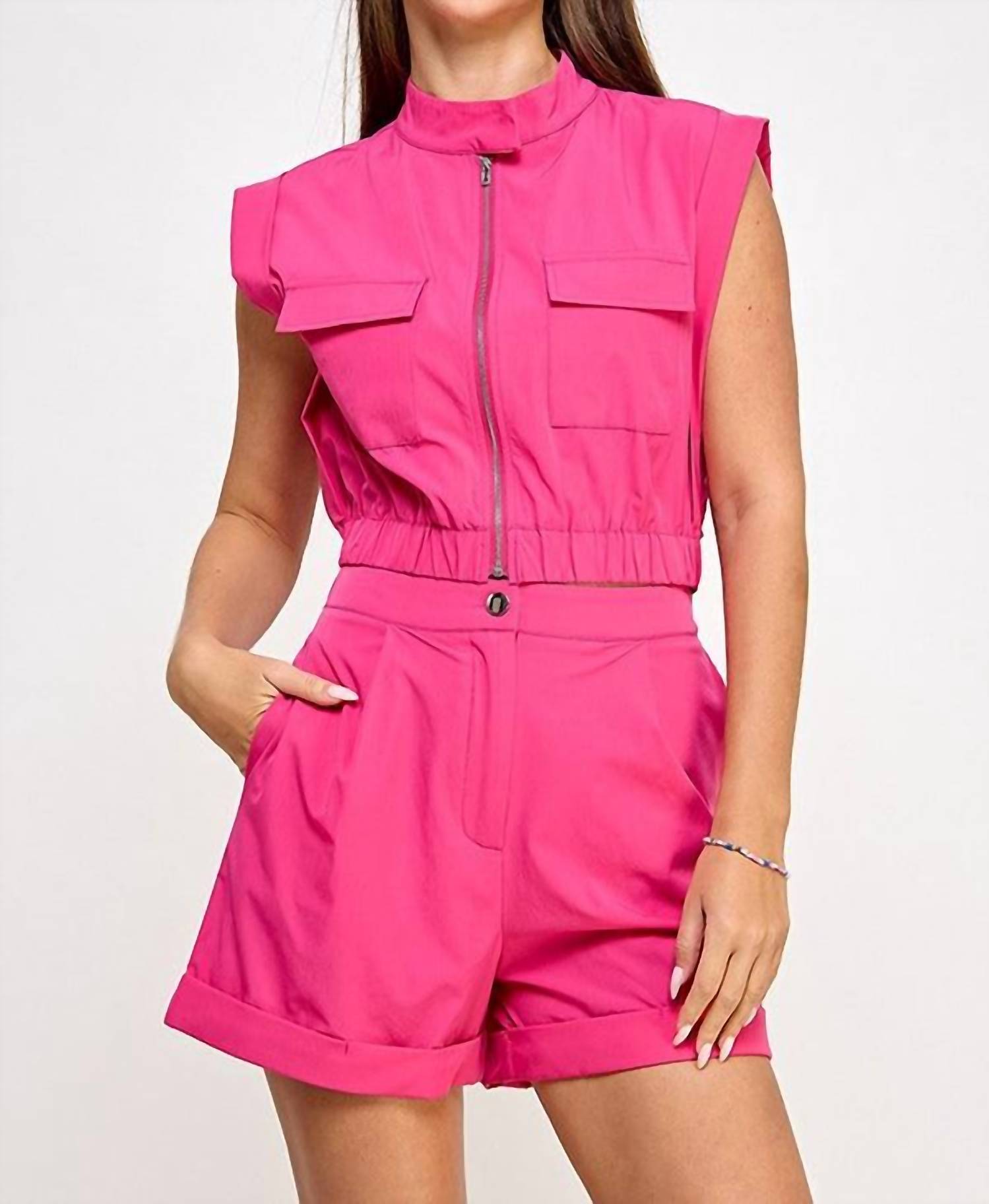 Milk & Honey - Short Sleeve Pocket Vest Top With Rolled Up Short Set