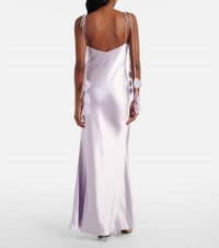 self-portrait Floral-appliqué Satin Maxi Dress in lilac - women's dress - detail view