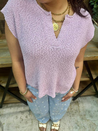 In February - Relaxed Slub Knit Split Neck Sweater Top