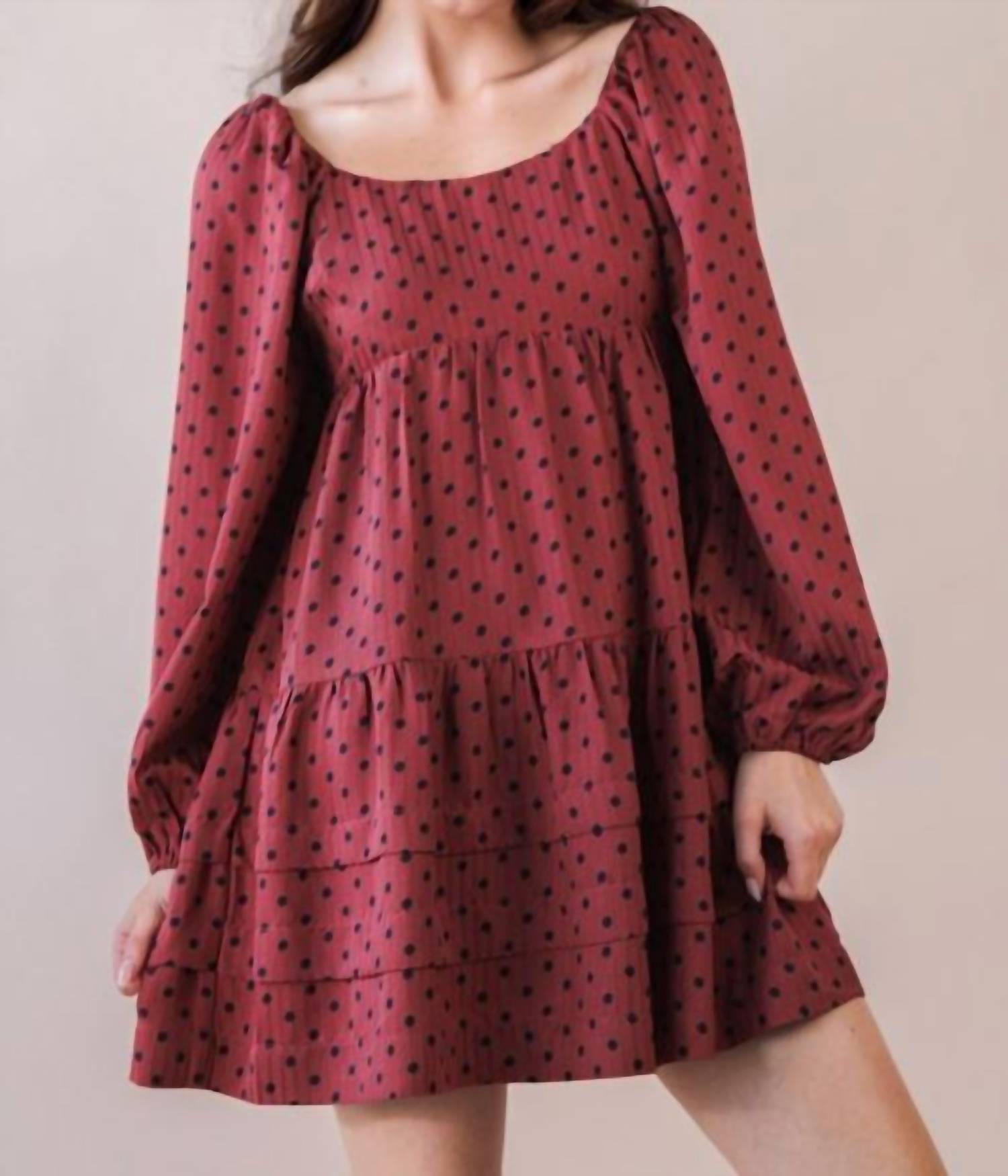 VERY J Polka Dot Print Tiered Mini Dress in brick - women's dress - detail view