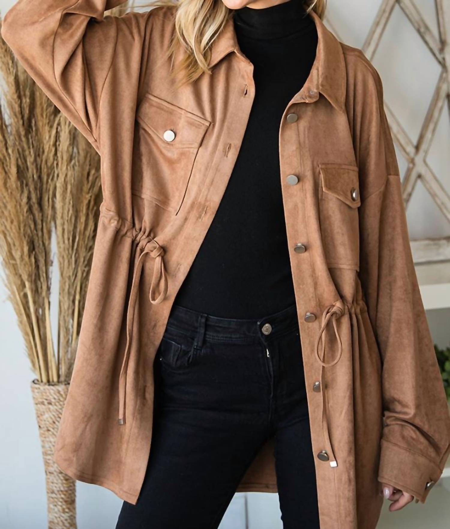 Cotton Bleu - Faux Suede Button Down Front Shirt Jacket