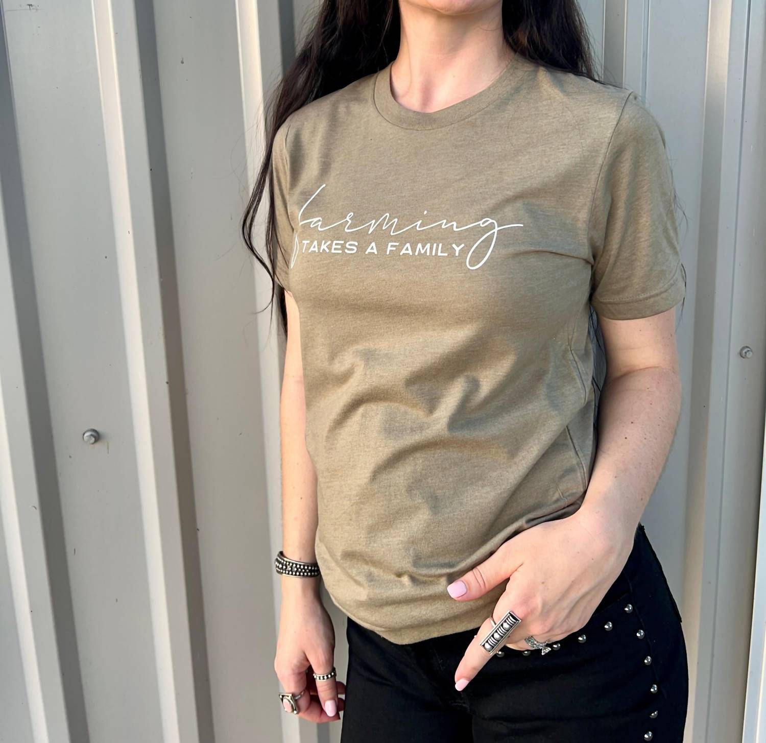 kendrick Farming Takes A Family Graphic Tee in heather olive - women's t-shirt - detail view