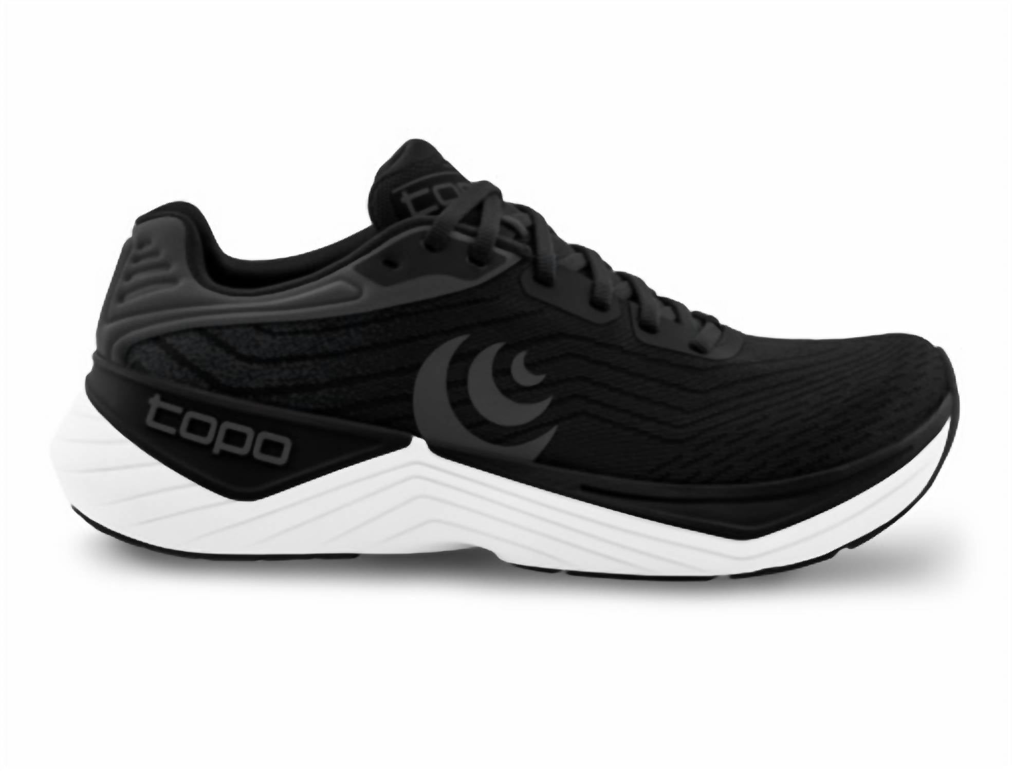 Topo Athletic Women's Ultrafly 5 Shoe in black white 1 - women's shoe - detail view