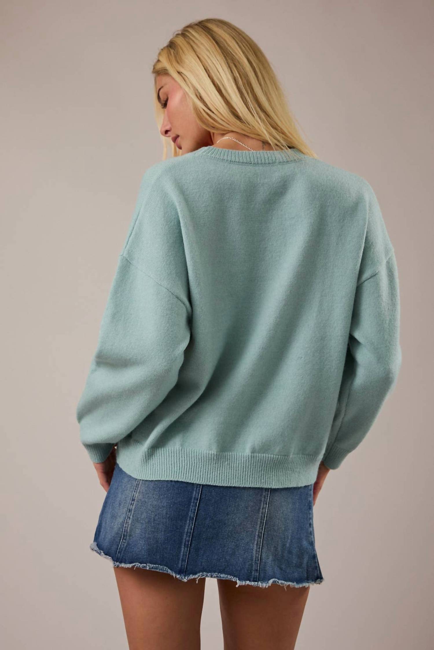 LE LIS Women's Fox Terrier Dog Graphic Sweater in mint green - women's sweater - detail view